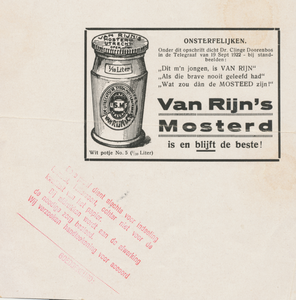 716028 Drukproef voor een krantenadvertentie van Van Rijn's Mosterd, [Nieuwe Kade 11-13] in Wijk C te Utrecht., met ...